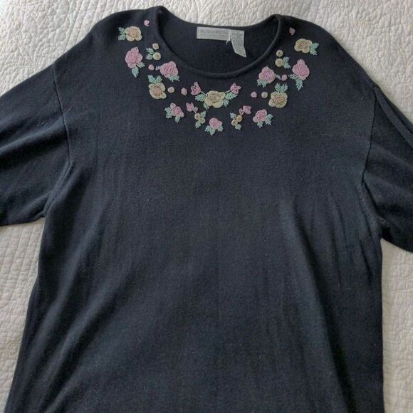 Vintage 1990s Elisabeth Liz Claiborne Sweater Dress Beaded Floral Oversized 2 - Picture 3 of 7